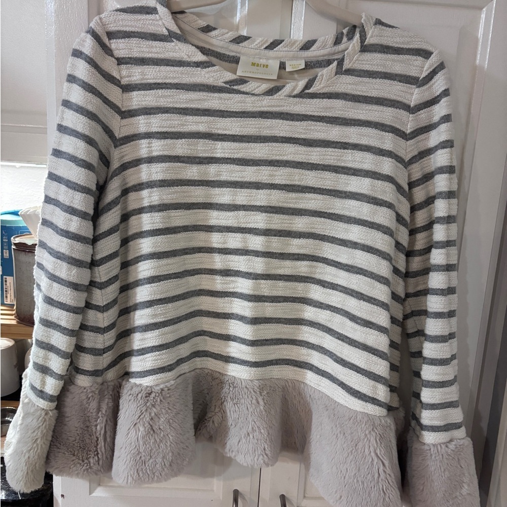 Maeve by Anthropologie Maeve Cream and Gray Striped Knit Tee